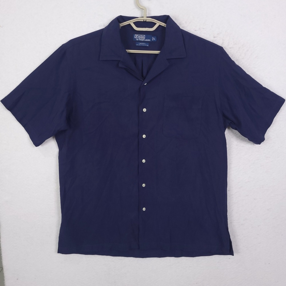 Polo Ralph Lauren Caldwell Shirt Mens L Navy Blue Silk Cotton Camp Collar Luxury